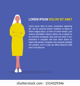 Lorem ipsum template. Young female character standing with arms crossed. Layout. Your text here. Flat editable vector illustration, clip art