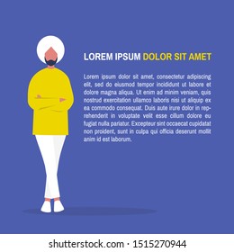 Lorem ipsum template. Young indian male character standing with arms crossed. Layout. Your text here. Flat editable vector illustration, clip art