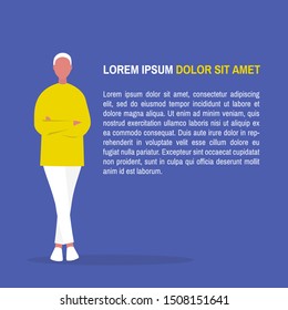 Lorem ipsum template. Young male character standing with arms crossed. Layout. Your text here. Flat editable vector illustration, clip art