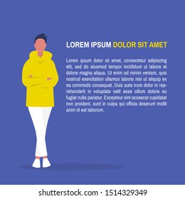 Lorem ipsum template. Young male character standing with arms crossed. Layout. Your text here. Flat editable vector illustration, clip art