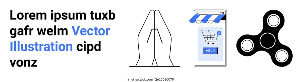 Lorem ipsum text, praying hands, smartphone with a shopping cart, and a black spinner. Ideal for spiritual themes, mobile commerce, gadget reviews, meditation, e-commerce, tech blogs, and lifestyle