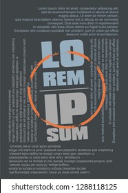 Lorem ipsum text as tee shirt design template. T-shirt graphic made from lettering and dummy texts with grunge orange circle in the middle. Fashion textile concept.