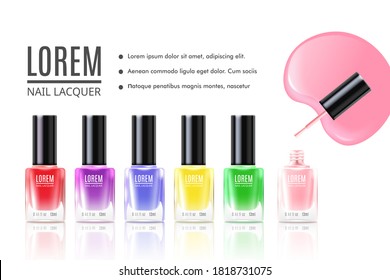 Página de inicio de Lorem polishing nail lacquer para el sitio web de internet. Botellas de esmalte de uñas de aspecto real plantilla de maquillaje 3d, ilustración vectorial realista fondo blanco