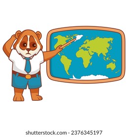 Un estudiante de animal de lori en la pizarra en una lección de geografía. Dibujo de perro de chico con clase de geografía. Educación primaria. Mapa mundial. Ilustración de vector de caracteres. De vuelta a la escuela.