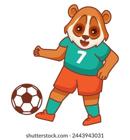 A lori football game. Score a goal. Draw paths for the ball.Cute animal soccer player.Isolated on white background.Character cartoon vector illustration.