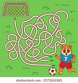 A lori maze football game. Score a goal. Draw paths for the ball. Cute animal.A game for children to develop logic.Maze or labyrinth game. Educational maze game for children.Animal soccer player.