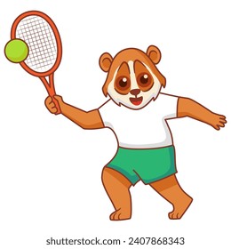 Lori tennis player.Lori with a racket tennis ball playing tennis.Cute animal.Lori is an athlete.Isolated on white background.Line art vector illustration.Sports tennis players training.