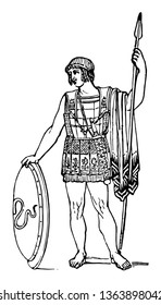 Una lorica usada por un soldado mientras sostiene un escudo, un dibujo de una línea vintage o una ilustración grabadora.