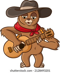 The loris is playing guitar with a hat on his head and scarf of illustration