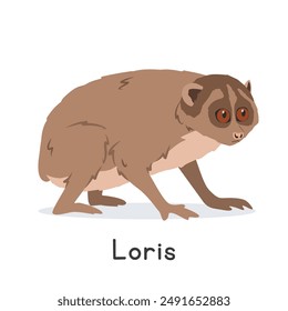 Ilustración vectorial de un personaje Clipart de dibujos animados de loris, animal en estilo plano. Animales salvajes, criaturas salvajes, concepto de vida salvaje. Lento diseño de Vector loris aislado sobre fondo blanco