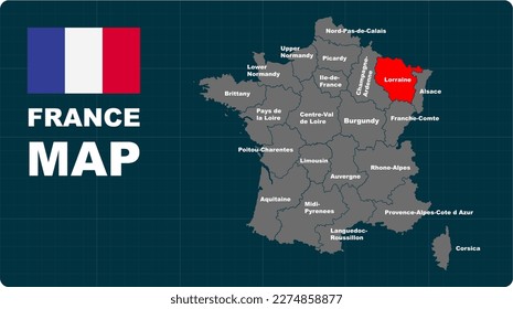 Lorraine Map, Lorraine red highlighted in 🇫🇷 FANCE 🇫🇷 map, flat design illustration vector