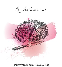 Quiché Lorraine watercolor effect illustration. Vector illustration of French cuisine. 