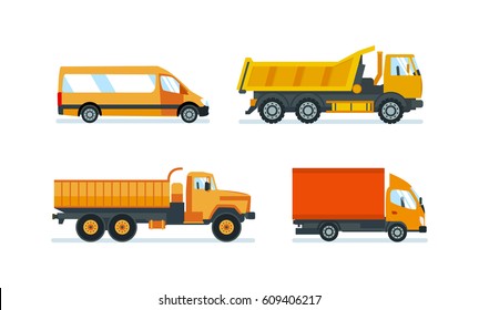 Camiones para el transporte de bienes y materiales de construcción, volumen y peso pesados, entrega, así como máquinas para el transporte de recursos. Ilustración vectorial aislada en fondo blanco.