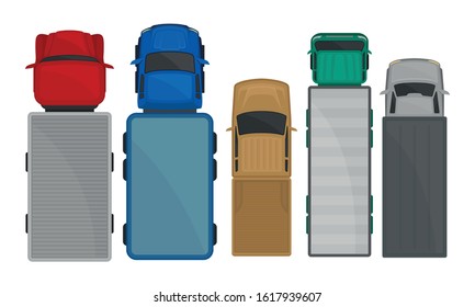 Lorries and Trucks Isolated on White Background Top View Vector Set