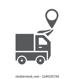 Lorry and badge of the destination. Two vector icons. Transport delivery. Flat design Monohrome