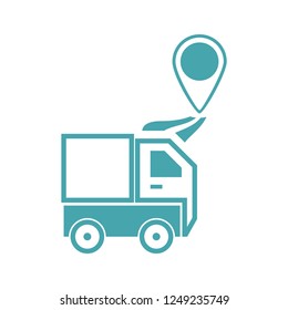 Lorry and badge of the destination. Two vector icons. Transport delivery. Flat design