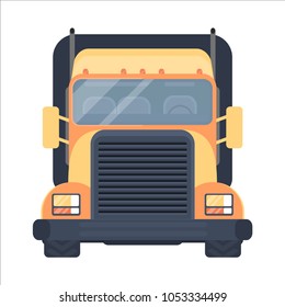 Lorry car front view. Heavy american style truck for transportation goods. Road train. Vector illustration.