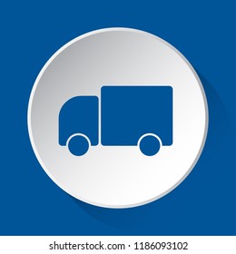 lorry car - simple blue icon on white button with shadow in front of blue square background