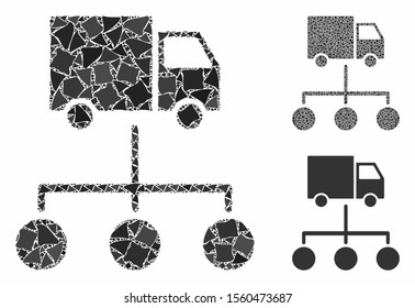 Lorry distribution scheme mosaic of abrupt items in different sizes and color tints, based on lorry distribution scheme icon. Vector irregular items are combined into collage.