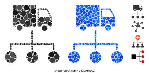 Lorry distribution scheme mosaic of filled circles in various sizes and shades, based on lorry distribution scheme icon. Vector filled circles are organized into blue collage.