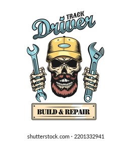 Lorry driver emblem. Bearded skulls in caps holding steering wheel or spanners with keep on trucking or diesel brother text. Vector illustrations for shipping, trucker community concept