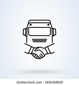 Lorry and handshake on a truck line icon or logo. Negotiable Delivery  concept. Truck parking vector linear illustration.
