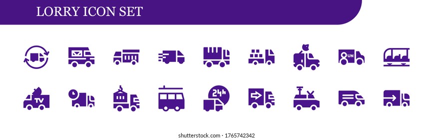 lorry icon set. 18 filled lorry icons.  Simple modern icons such as: Delivery truck, Garbage truck, Truck, Van, Transportation, Lorry