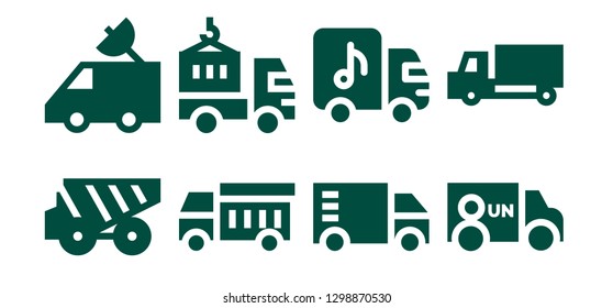  lorry icon set. 8 filled lorry icons. Simple modern icons about  - Dump truck, Van, Garbage truck, Delivery truck,