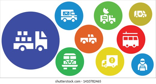 lorry icon set. 9 filled lorry icons.  Collection Of - Truck, Delivery truck, Van, Delivery man