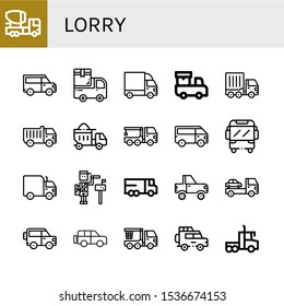 lorry icon set. Collection of Mixer truck, Van, Cargo truck, Delivery truck, Dumper, Crane Paperboy, Lorry, Jeep icons