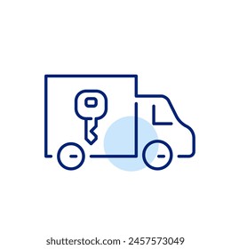 Lorry with key on it. Truck rental and moving houses services. Pixel perfect, editable stroke icon