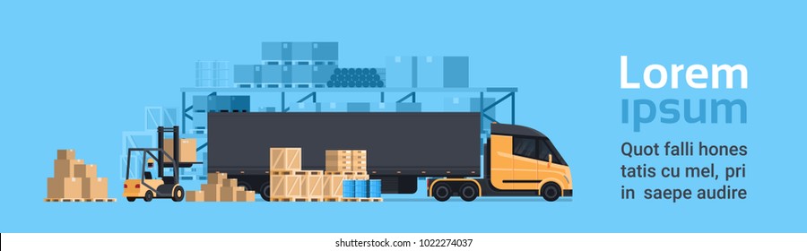 Lorry Loading With Forklift, Cargo Container Truck Warehouse Building. Shipping And Transportation Concept Horizontal Banner With Copy Space Flat Vector Illustration