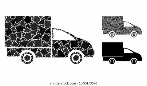 Lorry mosaic of joggly parts in variable sizes and color hues, based on lorry icon. Vector trembly parts are united into mosaic. Lorry icons collage with dotted pattern.