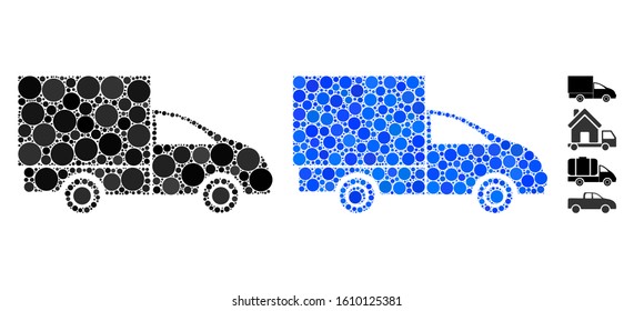 Lorry mosaic of spheric dots in different sizes and shades, based on lorry icon. Vector round dots are combined into blue mosaic. Dotted lorry icon in usual and blue versions.