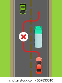 Lorry Overtaking Ban Flat Vector Illustration. Passing On Road Rule Violation On Top View Diagram. Traffic Offences Concept. Danger Of Car Accident. Driving Theory Lesson. For Driving Courses Test