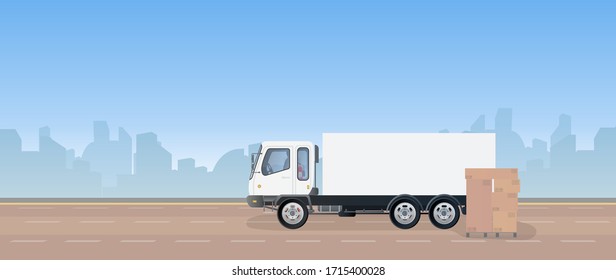 Lorry and pallet with boxes. A truck is standing on the road. Carton boxes. The concept of delivery and loading of cargo. Vector.