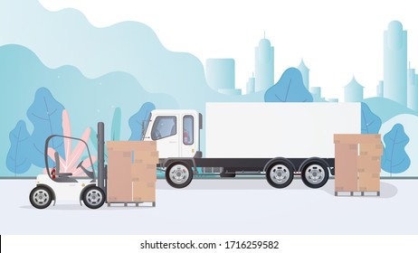 En la carretera hay un coche y un palet con cajas de cartón. El elevador de la horquilla eleva el palet. Elevador de horquilla industrial. Caja de cartón. El concepto de entrega y carga de la carga. Aislado. Diseño de vectores