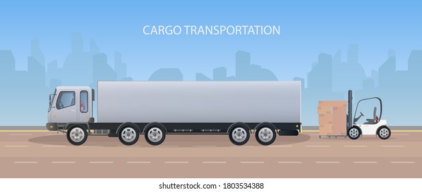 A lorry and a pallet with cardboard boxes stands on the road. Forklift raises the pallet. Industrial forklift. Carton boxes. The concept of delivery and loading of cargo. Isolated. Vector design
