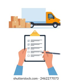 Lorry and pile of boxes. Clipboard with checklist in human hands. Delivery concept. Transportation of goods. Moving to new house