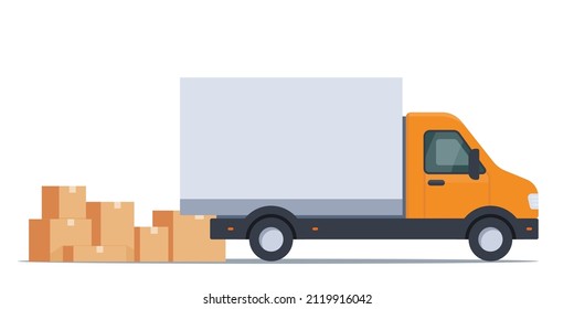 Lorry and pile of boxes. Transportation of goods and construction materials, heavy volume and weight, delivery when ordering goods, movement. Cargo Truck. Vector illustration