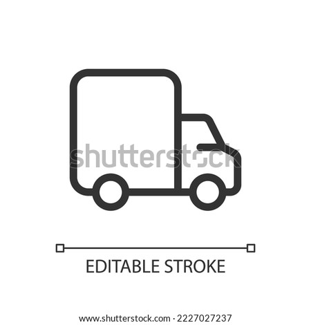 Lorry pixel perfect linear ui icon. Cargo truck delivering goods. Transportation service. GUI, UX design. Outline isolated user interface element for app and web. Editable stroke. Arial font used