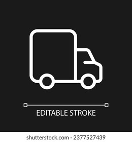 Lorry pixel perfect white linear ui icon for dark theme. Shipping and transportation service. Vector line pictogram. Isolated user interface symbol for night mode. Editable stroke. Arial font used