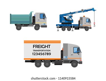 Lorry, tipper and mounted crane. Truck side view isolated. Construction machinery. Vehicles freight transportation. Truck vector icon.  Different commercial truck. Isolated Vector Illustration.

