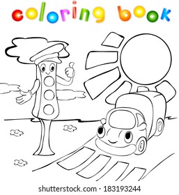 Lorry and traffic lights. Funny vector illustration for kids. Coloring book