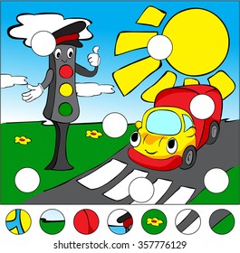 Lorry and traffic lights on the road on a pedestrian crossing. complete the puzzle and find the missing parts of the picture. Vector illustration. Educational game for kids