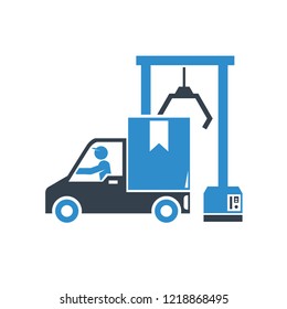 lorry truck and crane hook in port icon on white background