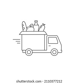 Lorry Truck Delivering Food Vector Line Icon Isolated Outline Illustration. Truck With Grocery Food In A Cardboard Box.