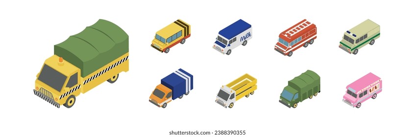 Lorry and Truck Freight Industrial Transport Isometric Vector Set