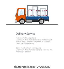 Lorry with Windows Isolated on the Road, Poster with Small Truck , Cargo Delivery Services, Logistics, Shipping and Freight of Goods, Flyer Brochure Design, Vector Illustration