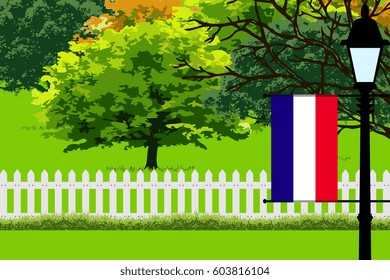 Los Altos Flag, Landscape of Park, Trees, Fence wooden and Street light Vector Illustration 